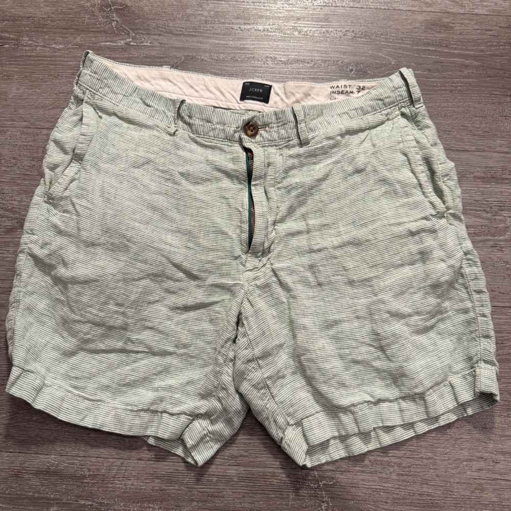 J Crew Shorts Mens 32 Green Striped 100% Linen Summer Beach Vacation Seersucker